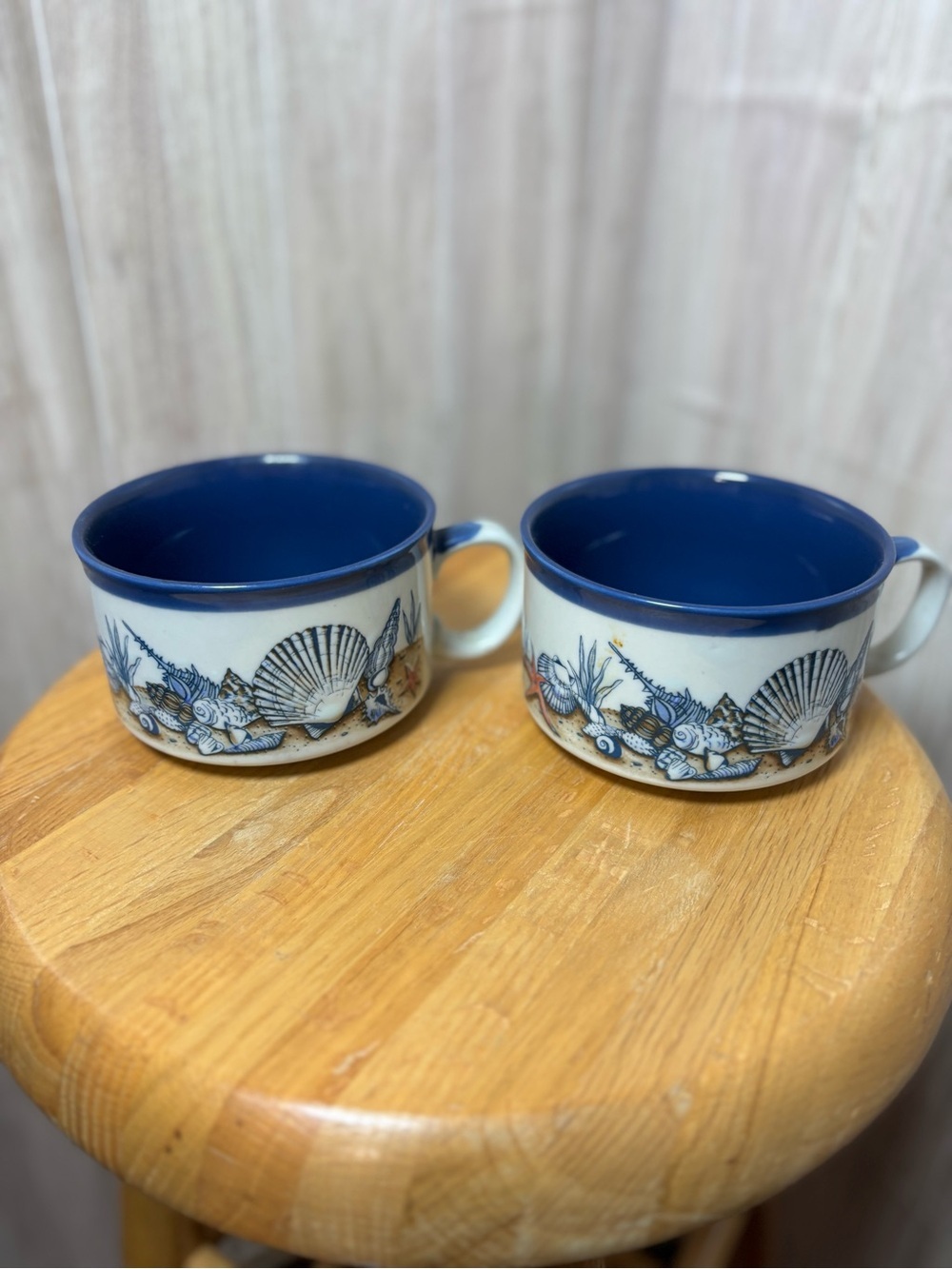 Vintage Japanese Stoneware Seashell Soup Mugs Set of Two Nautical Coastal Decor